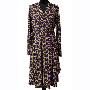 Vicky Tiel Womens Medium Purple & Gold Long Sleeve Knee Length Travel Wrap Dress